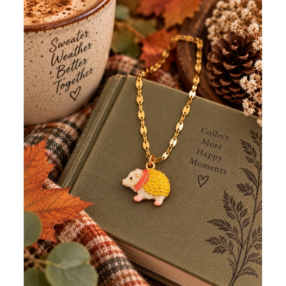 Yellow Hedgehog Necklace Gold Tone Enamel Woodland Animal Jewelry